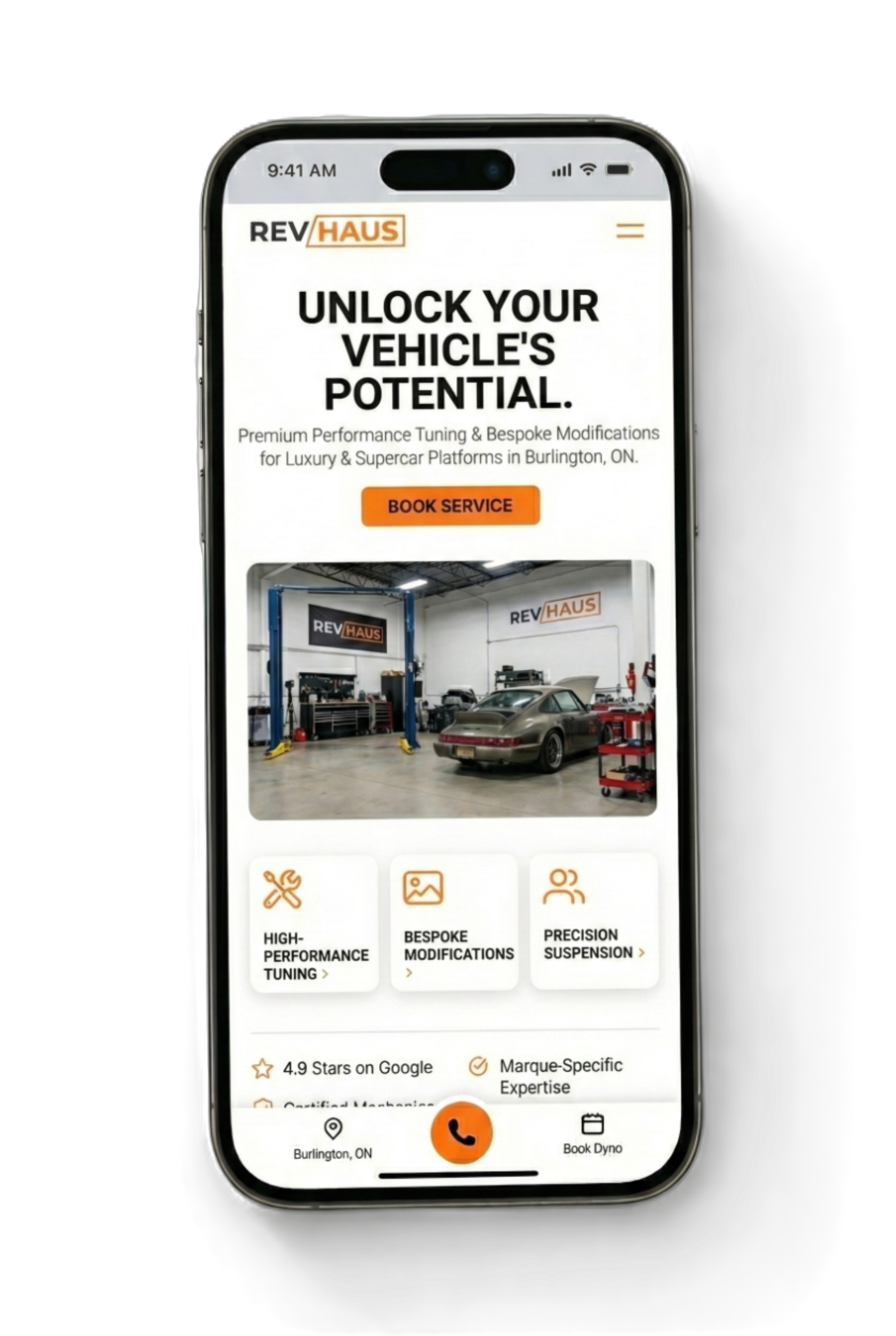AdLogiq client website on mobile phone showing clean, white design with orange call-to-action buttons and professional service business layout